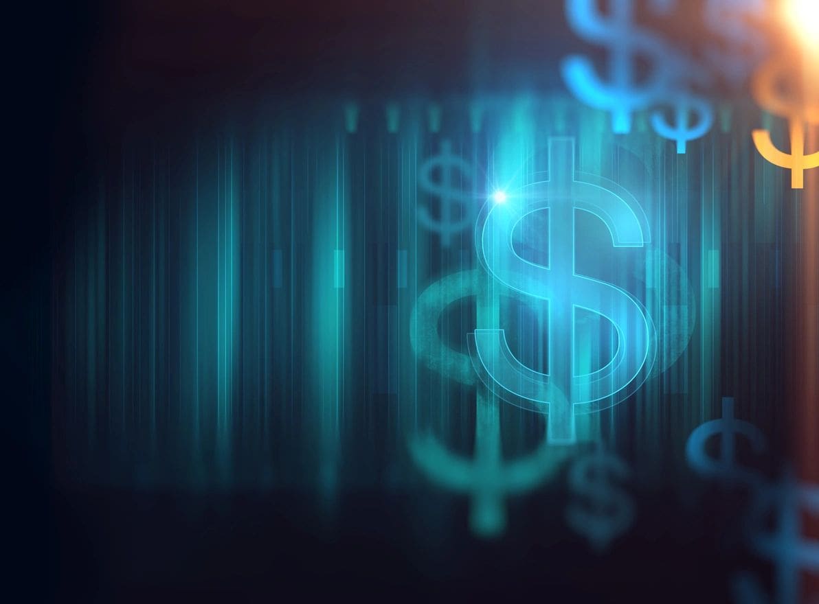 Digital dollar signs, financial technology.