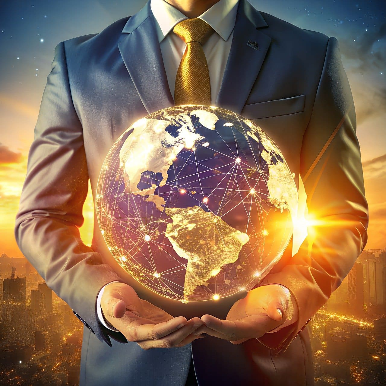 Here's an alt tag for the image: Businessman holding glowing global network.