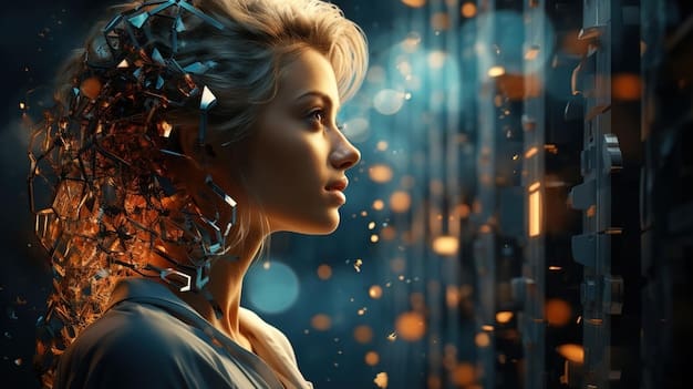 Woman with metallic hair, futuristic scene.