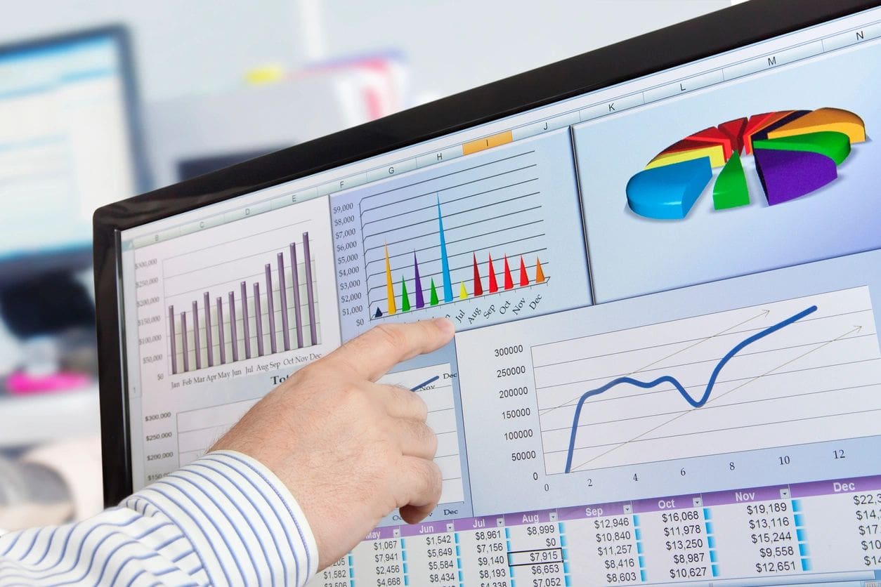 Business charts and graphs on a screen.