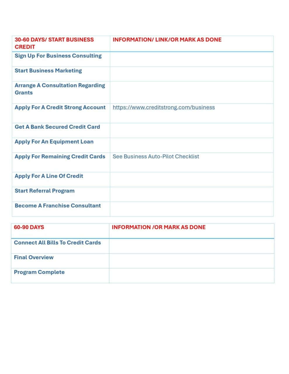 Business start-up checklist and timeline.