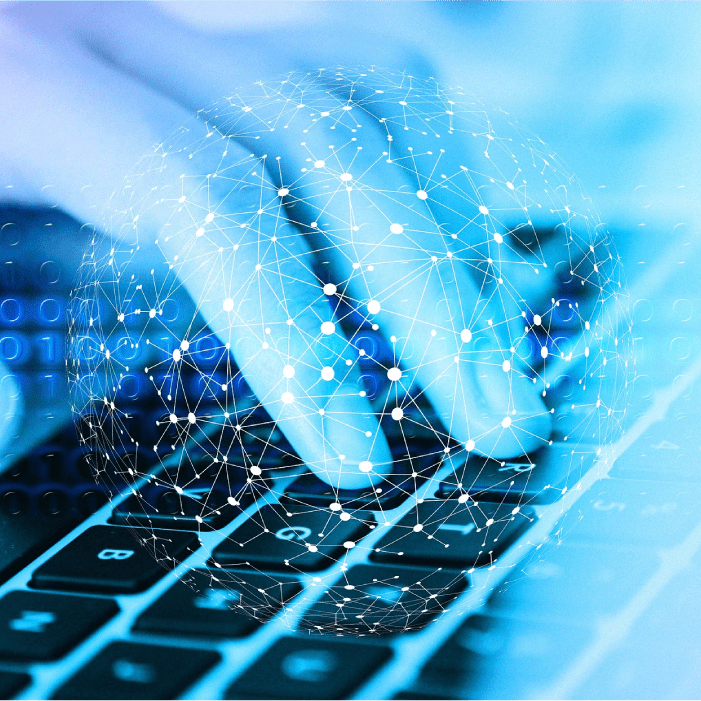 Hands typing, global network connection.